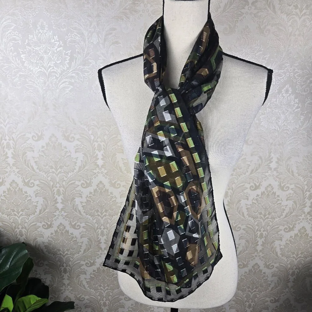 Semi Sheer Oblong Scarf Black Green Brown White Geometric Square Pattern